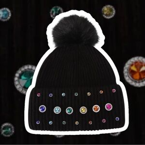 Kurt Geiger Black Women’s Pom Pom Beanie with Multicolor Gemstones